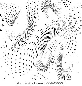 Seamless pattern of dots, gushing drops, splashes. Ralial twisting and bending. Vector.