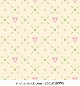 Seamless Pattern of Dots and Heart on a Yellow Background.