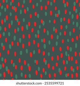 Seamless pattern with dots. Red, green spots on green background. Vector illustration for wrapping paper, clothes, fabric, wallpaper.	
