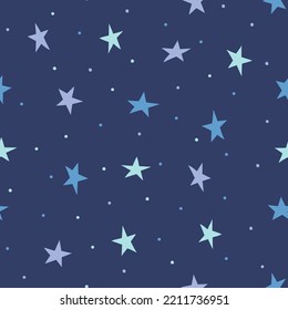 Seamless pattern with dots and stars on the blue background. Abstract star background. Vector repeated design for kids fabric.