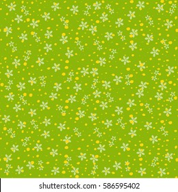 Seamless pattern with dots of various sizes in a chaotic manner  on a green background of  delicate flowers . Modern stylish texture spring mood. Freehand drawing vector design