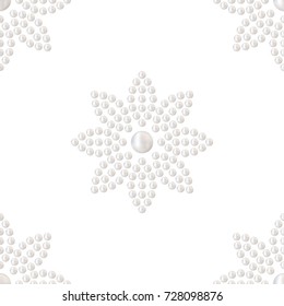 Seamless pattern of dotted flowers made of 3D shiny natural White Pearl. Can be used for wedding or any holiday gift paper or textile. Precious jewelry print. Vector Illustration. 
