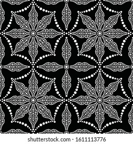 Seamless pattern of dotted flowers, petals, leaves, stars in trellis. Mosaic flower shapes of dots. Floral print of beads. Black and white vector Illustration