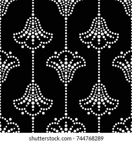 Seamless pattern of dotted mosaic white tulip flowers in garlands. Floral motif. Beads. Vector Illustration.