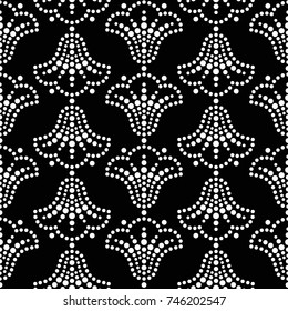 Seamless pattern of dotted mosaic white tulip flowers in garlands. Floral motif. Beads. Vector Illustration.
