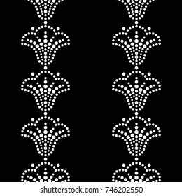 Seamless pattern of dotted mosaic white tulip flowers in garlands. Floral motif. Beads. Vector Illustration.