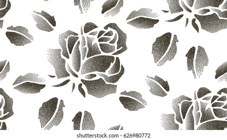 Seamless pattern with dotted roses. Floral background in dotwork style. Pointillism. Vector illustration. Wrapper pattern, frame or border.