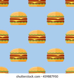 Seamless pattern with double hamburger on blue background. Vector texture.