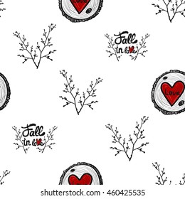 Seamless pattern with double twig, Fall in love lettering, round wood red heart. Background for eco forest wedding or autumn celebrations. Black floral rustic symbols on white hand drawing style.
