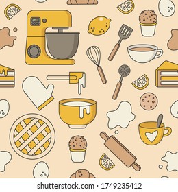 Seamless pattern with dough, rolling pin, mixer, lemon, mugs, cutlery, bakery products. Kitchen background. Vector illustration. Wallpaper for kitchen, ornament for a bakery. Restaurant textiles 