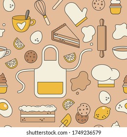 Seamless pattern with dough, rolling pin, apron, lemon, mugs, cutlery, bakery products. Kitchen background. Vector illustration. Wallpaper for kitchen, ornament for a bakery. Restaurant textiles 