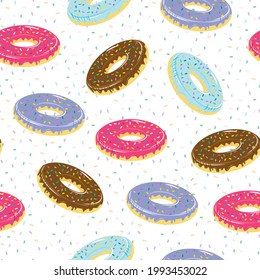 Seamless pattern with a doughnut in colorful glaze. Sweet background with colorful donuts.