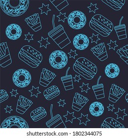 seamless pattern doughnut french fries cola burger fast food stock vector background blue cyan