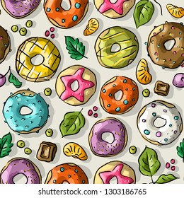 Seamless pattern with doughnuts, chocolates,  tangerines