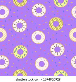 Seamless pattern of doughnuts with colored icing. Trendy beautiful donuts Purple background.