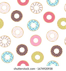 Seamless pattern of doughnuts with colored icing. Trendy beautiful donuts White background.