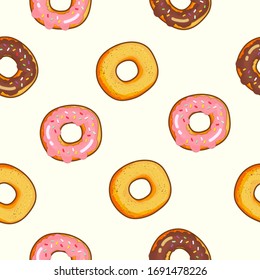 Seamless pattern with doughnuts.Top View of a collection of doughnuts with and without glaze. Doughnuts for menu design, cafe design.