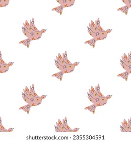 Seamless pattern with Dove bird isolated cartoon. Retro pigeon cartoon