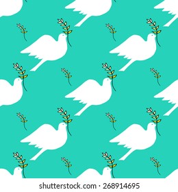 Seamless pattern. Dove holding a branch.