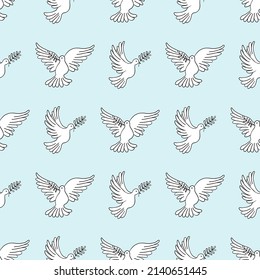 Seamless pattern with a dove and an olive branch. Pigeon a symbol of peace 