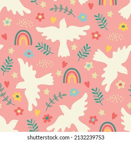 Seamless pattern with dove of peace, blossom, rainbow and hearts. Boho style. Vector illustration.