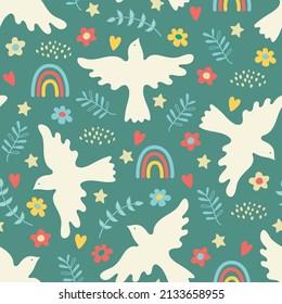 Seamless pattern with dove of peace, blossom, rainbow and hearts. Boho style. Vector illustration.