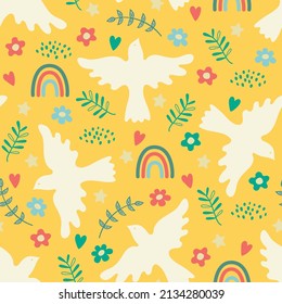 Seamless pattern with dove of peace, blossom, rainbow and hearts. Boho style. Vector illustration.