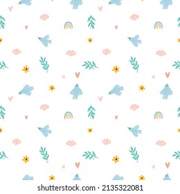 Seamless pattern with dove, rainbow, hearts and flowers. Cute peaceful childish print with birds and hand drawn nature elements. Milestone background. Baby shower textile