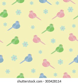 Seamless pattern of doves and blue flowers on a yellow background. Vector