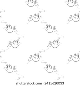 Seamless pattern of doves and dark outline flowers on a white background. Dove of peace. Mail. Simple drawing in line art style. Vector illustration isolated.