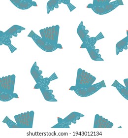 Seamless pattern of doves with ethnic patterns. Vector illustration on white background. 