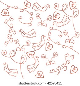 Seamless pattern with doves and hearts