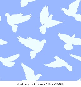 Seamless pattern with doves on a blue background. Vector illustration