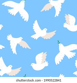 Seamless pattern with doves on a blue background. Vector graphics.