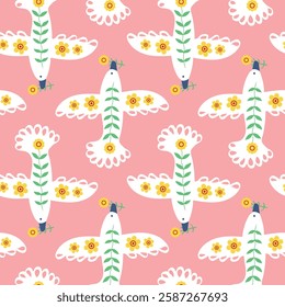 Seamless pattern doves of peace made of delicate flowers. Symbol of harmony, freedom and hope. Bird of peace. Elegant floral composition, isolated. Vector