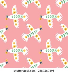 Seamless pattern doves of peace made of delicate flowers. Symbol of harmony, freedom and hope. Bird of peace. Elegant floral composition, isolated. Vector