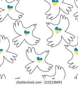 Seamless pattern with doves of peace. Stop the war in Ukraine. A symbol of peace. Linear design. Vector illustration. Isolated on a white background.