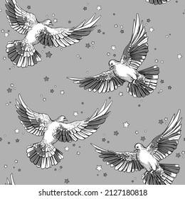 Seamless pattern with doves and stars. Stylish  background. Summer textile print