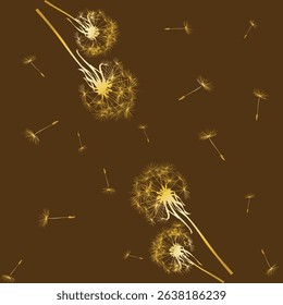 seamless pattern of down and dandelions with golden flowers on a  brown background.Isolated, close-up.The design element