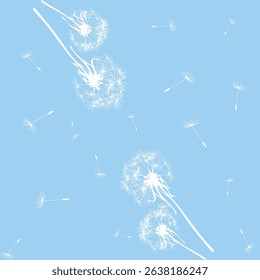 seamless pattern of down and dandelions with white flowers on a  blue background.Isolated, close-up.The design element