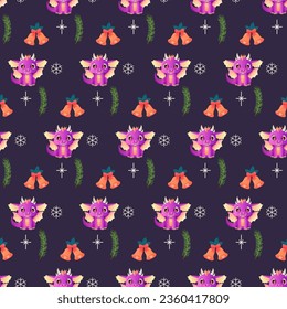 seamless pattern dragon and bells, new year, 2024, purple