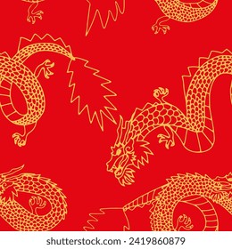 Seamless pattern with Dragon. Chinese dragon, line drawing illustration. Design print media. China lunar calendar animal.