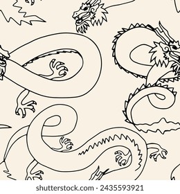 Seamless pattern with Dragon. Chinese dragon, line drawing illustration. Design print media. China lunar calendar animal.