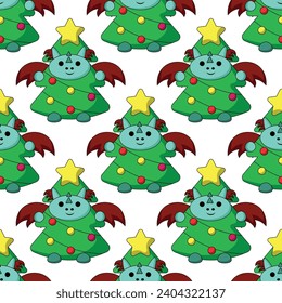 Seamless pattern with Dragon in costume Christmas Tree