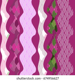 seamless pattern dragon fish scales simple Nature background with japanese wave circle pattern dark brown burgundy maroon green purple background. Vector