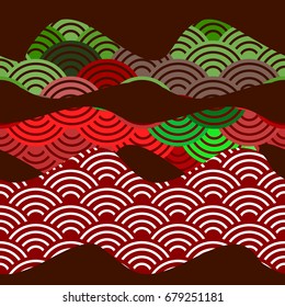 seamless pattern dragon fish scales simple Nature background with japanese wave circle pattern dark brown burgundy maroon green red background. Vector