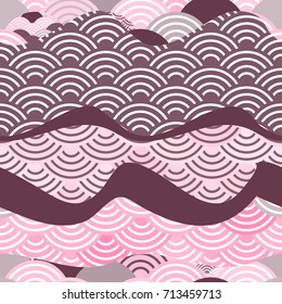 seamless pattern dragon fish scales simple Nature background with japanese wave circle pattern dark brown burgundy maroon pink background. Vector