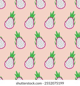 Seamless pattern with dragon fruit. Abstract repeating background with half cutting of tropical fruit pitaya. Vector illustration in flat style