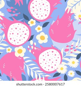 Seamless pattern dragon fruit and flower, floral on blue pastel background. vector illustration.