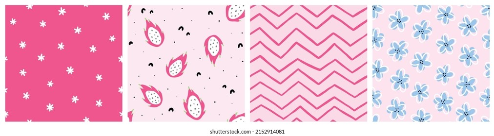Seamless pattern with dragon fruit, flowers and abstract elements. Vector backgrounds with hand drawn pitaya, plants, abstract shapes. Creative texture for fabric, textile